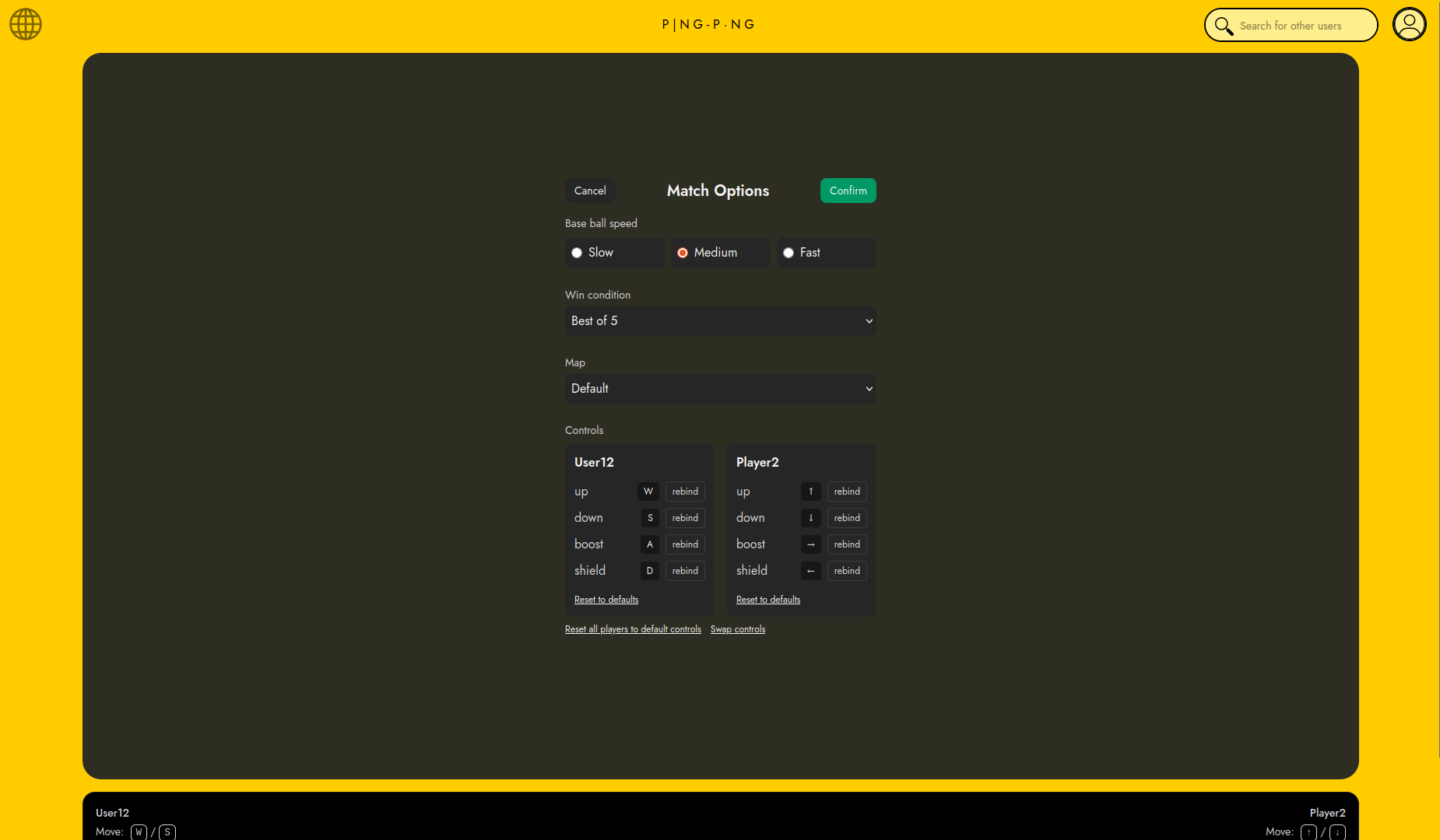 Match configuration interface for ball speed, win condition, arena selection, and separate local-player controls.